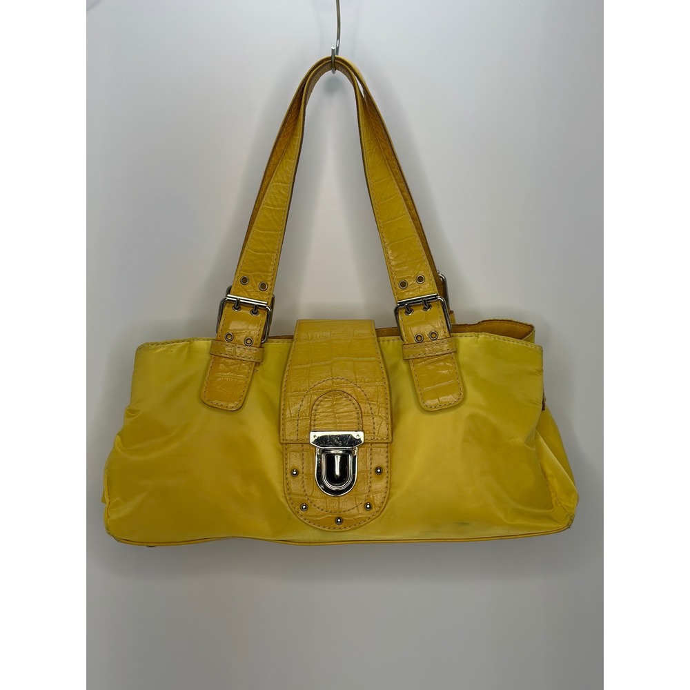 Helen Welsh Yellow Nylon Croc Embossed Leather Trim Shoulder Bag Made in Italy